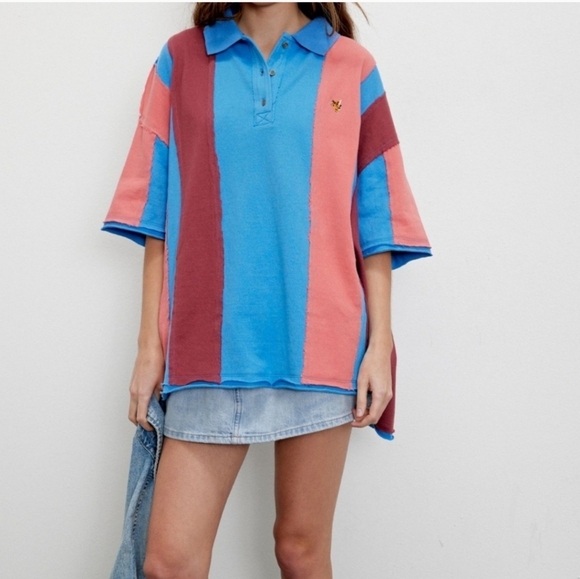 We The Free Too Cool For School Polo Shirt Oversized Blue Jay Color Block Large - Picture 12 of 12